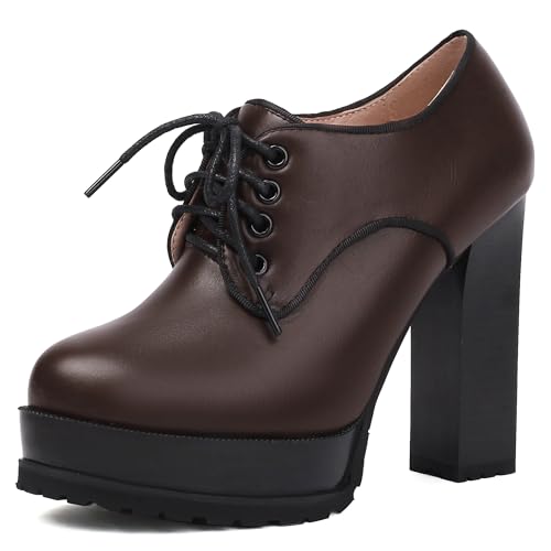 MJIASIAWA Plateau Block High Schuhe Oxford Damen Buro Schnüren Arbeit Runde Zehen Formal Chunky Derby Pumps Braun Gr 38 EU/39 Asiatisch von MJIASIAWA