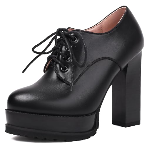 MJIASIAWA Plateau Block High Schuhe Oxford Damen Buro Schnüren Arbeit Runde Zehen Formal Chunky Derby Pumps Schwarz Gr 36 EU von MJIASIAWA