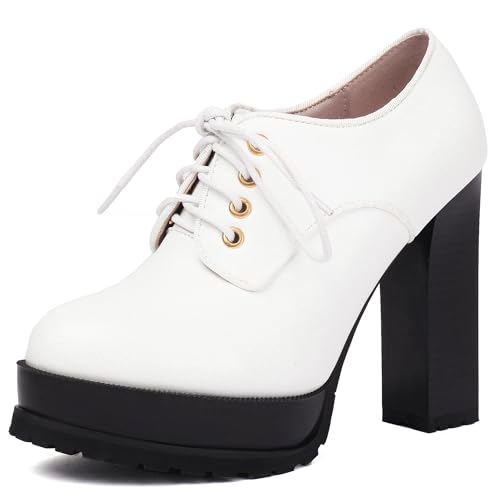 MJIASIAWA Plateau Block High Schuhe Oxford Damen Buro Schnüren Arbeit Runde Zehen Formal Chunky Derby Pumps Weiß Gr 35 EU von MJIASIAWA