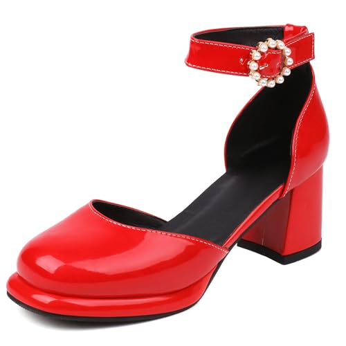 MJIASIAWA Plateau Block Sandalen Damen Runde Zehen T Bar Sandals Bogen Hochzeit Glitzer Chunky Gladiator Party Rot Gr 38 EU/39 Asiatisch von MJIASIAWA