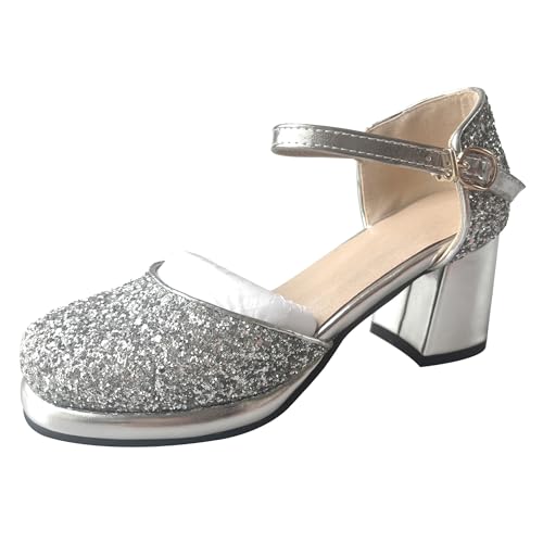 MJIASIAWA Plateau Block Sandalen Damen Runde Zehen T Bar Sandals Bogen Hochzeit Glitzer Chunky Gladiator Party Silber Gr 41 EU/43 Asiatisch von MJIASIAWA