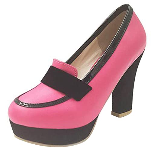 MJIASIAWA Plateau Blockabsatz Damen Closed Toe Mode Abend Ohne Verschluss Pumps Party Chunky Höhe Ferse Comfy Pumps Rose-Rot Gr 44 EU/46 Asiatisch von MJIASIAWA
