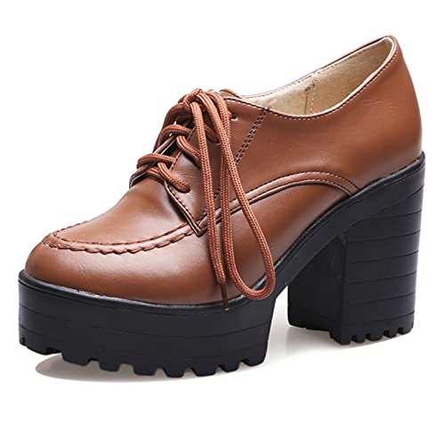 MJIASIAWA Plateau Chunky Heel Oxford Damen Runde Zehen Schnüren Pumps Vintage Höhe Ferse Arbeit Schuhe Braun Gr 41 EU/43Cn Asiatisch von MJIASIAWA