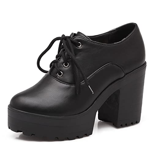 MJIASIAWA Plateau Chunky Heel Oxford Damen Runde Zehen Schnüren Pumps Vintage Höhe Ferse Arbeit Schuhe Schwarz Gr 36 EU Asiatisch von MJIASIAWA