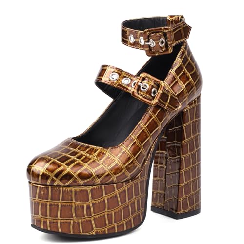 MJIASIAWA Plateau Chunky Höhe Ferse Knöchelriemchen Damen Pumps Runde Zehen Nachtclub Stylish Mary Jane Party Schuhe Braun Gr 36 EU von MJIASIAWA