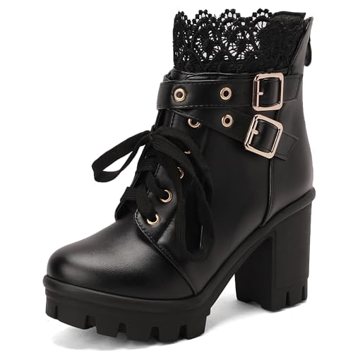 MJIASIAWA Plateau Combat Damen Mode Blockabsatz Stiefeletten Runde Zehen Schnüren Military Zip Winter Biker Stiefeletten Schnalle Schwarz Gr 34 EU von MJIASIAWA