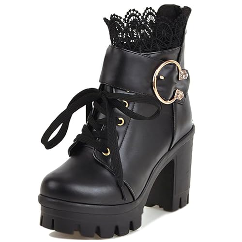 MJIASIAWA Plateau Combat Damen Mode Blockabsatz Stiefeletten Runde Zehen Schnüren Military Zip Winter Biker Stiefeletten Schnalle Schwarz Gr 38 EU/39 Asiatisch von MJIASIAWA