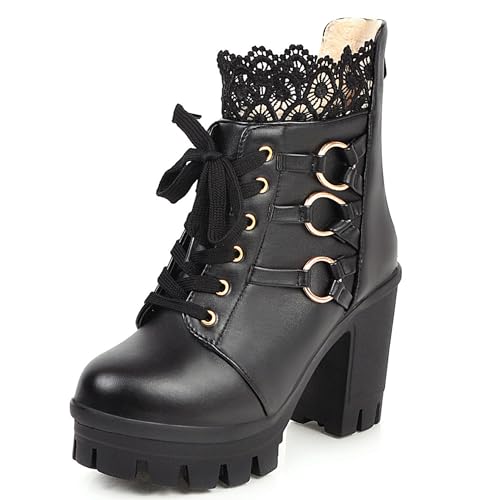 MJIASIAWA Plateau Combat Damen Mode Blockabsatz Stiefeletten Runde Zehen Schnüren Military Zip Winter Biker Stiefeletten Schnalle Schwarz Gr 40 EU/41 Asiatisch von MJIASIAWA