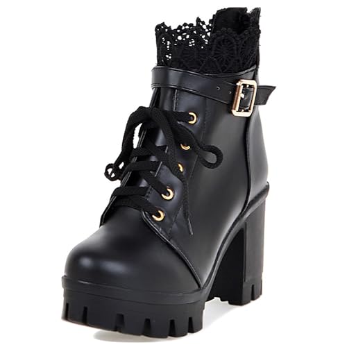 MJIASIAWA Plateau Combat Damen Mode Blockabsatz Stiefeletten Runde Zehen Schnüren Military Zip Winter Biker Stiefeletten Schnalle Schwarz Gr 40.5 EU/42 Asiatisch von MJIASIAWA