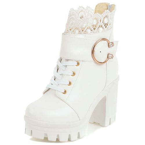 MJIASIAWA Plateau Combat Damen Mode Blockabsatz Stiefeletten Runde Zehen Schnüren Military Zip Winter Biker Stiefeletten Schnalle Weiß Gr 33 EU von MJIASIAWA