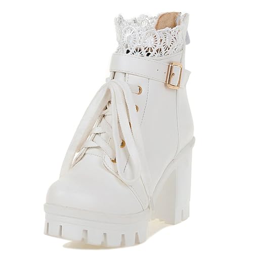 MJIASIAWA Plateau Combat Damen Mode Blockabsatz Stiefeletten Runde Zehen Schnüren Military Zip Winter Biker Stiefeletten Schnalle Weiß Gr 36.5 EU/37 Asiatisch von MJIASIAWA