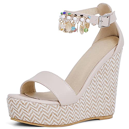 MJIASIAWA Plateau Espadrilles Keilabsatz Damen Offene Zeh Knöchelriemchen Sandalen Komfort Sommer Leisure Höhe Ferse Mode Schuhe Beige Gr 37 EU/38 Asiatisch von MJIASIAWA