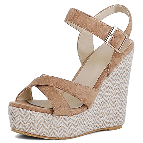 MJIASIAWA Plateau Espadrilles Keilabsatz Damen Offene Zeh Knöchelriemchen Sandalen Komfort Sommer Leisure Höhe Ferse Mode Schuhe Braun Gr 33 EU von MJIASIAWA