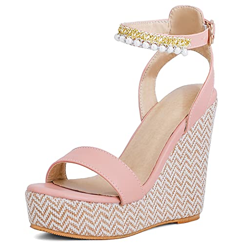 MJIASIAWA Plateau Espadrilles Keilabsatz Damen Offene Zeh Knöchelriemchen Sandalen Komfort Sommer Leisure Höhe Ferse Mode Schuhe Pink Gr 37 EU/38 Asiatisch von MJIASIAWA