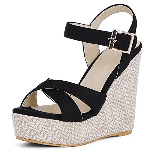 MJIASIAWA Plateau Espadrilles Keilabsatz Damen Offene Zeh Knöchelriemchen Sandalen Komfort Sommer Leisure Höhe Ferse Mode Schuhe Schwarz Gr 33 EU von MJIASIAWA