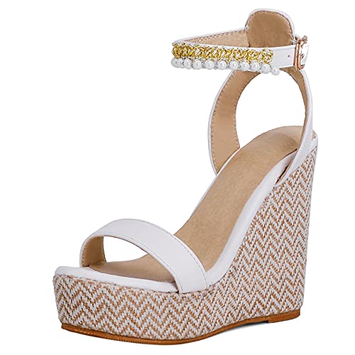 MJIASIAWA Plateau Espadrilles Keilabsatz Damen Offene Zeh Knöchelriemchen Sandalen Komfort Sommer Leisure Höhe Ferse Mode Schuhe Weiß Gr 38 EU/39 Asiatisch von MJIASIAWA