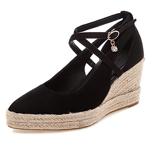 MJIASIAWA Plateau Espadrilles Keilabsatz Damen Slingback Pointed Toe Pumps Closed Toe Leisure Höhe Ferse Schnalle Pumps Schwarz Gr 35 EU von MJIASIAWA