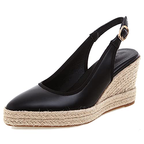 MJIASIAWA Plateau Espadrilles Keilabsatz Damen Slingback Pointed Toe Pumps Closed Toe Leisure Höhe Ferse Schnalle Pumps Schwarz Gr 39 EU/40 Asiatisch von MJIASIAWA
