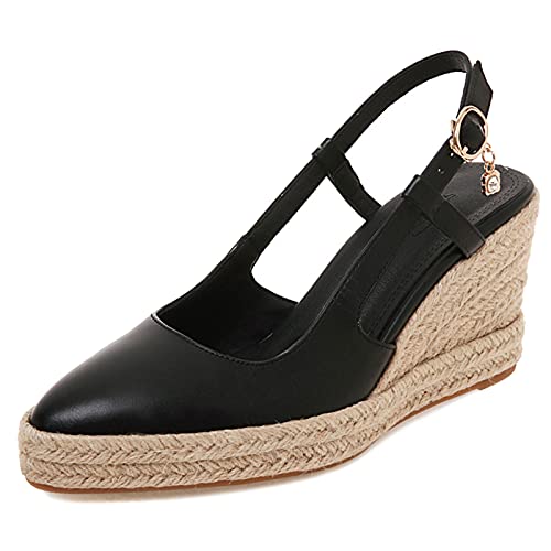 MJIASIAWA Plateau Espadrilles Keilabsatz Damen Slingback Pointed Toe Pumps Closed Toe Leisure Höhe Ferse Schnalle Pumps Schwarz Gr 42 EU/44 Asiatisch von MJIASIAWA