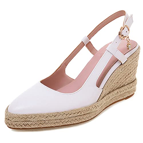 MJIASIAWA Plateau Espadrilles Keilabsatz Damen Slingback Pointed Toe Pumps Closed Toe Leisure Höhe Ferse Schnalle Pumps Weiß Gr 37 EU/38 Asiatisch von MJIASIAWA