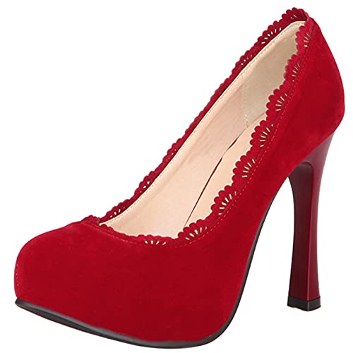 MJIASIAWA Plateau Höhe Ferse Damen Closed Toe Ohne Verschluss Stiletto Pumps Ruffle Elegant Abend Hochzeit Kleid Fomal Schuhe Rot Gr 31 EU von MJIASIAWA