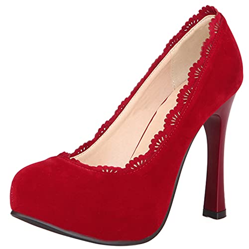 MJIASIAWA Plateau Höhe Ferse Damen Closed Toe Ohne Verschluss Stiletto Pumps Ruffle Elegant Abend Hochzeit Kleid Fomal Schuhe Rot Gr 50 EU/52 Asiatisch von MJIASIAWA