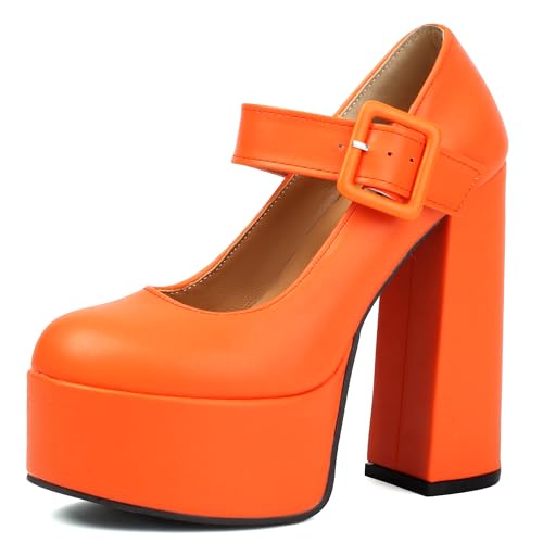MJIASIAWA Plateau Höhe Ferse Mary Jane Knöchelriemchen Damen Mode Schuhe Runde Zehen Nachtclub Party Chunky Pumps Orange Gr 40.5 EU/42 Asiatisch MJIASIAWA Plateau Höhe Ferse Mary Jane Knöchelriemchen Damen Mode Schuhe Runde Zehen Nachtclub Party Chunky Pumps Orange Gr 40.5 EU/42 Asiatisch von MJIASIAWA