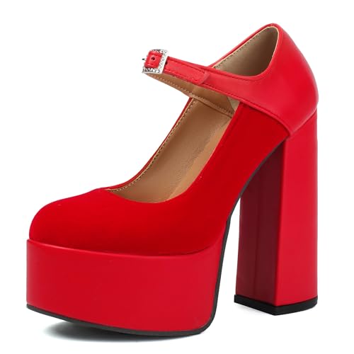 MJIASIAWA Plateau Höhe Ferse Mary Jane Knöchelriemchen Damen Mode Schuhe Runde Zehen Nachtclub Party Chunky Pumps Rot Gr 36.5 EU/37 Asiatisch von MJIASIAWA