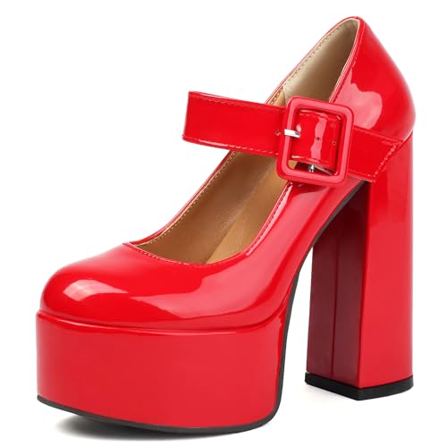 MJIASIAWA Plateau Höhe Ferse Mary Jane Knöchelriemchen Damen Mode Schuhe Runde Zehen Nachtclub Party Chunky Pumps Rot Gr 39 EU/40 Asiatisch von MJIASIAWA