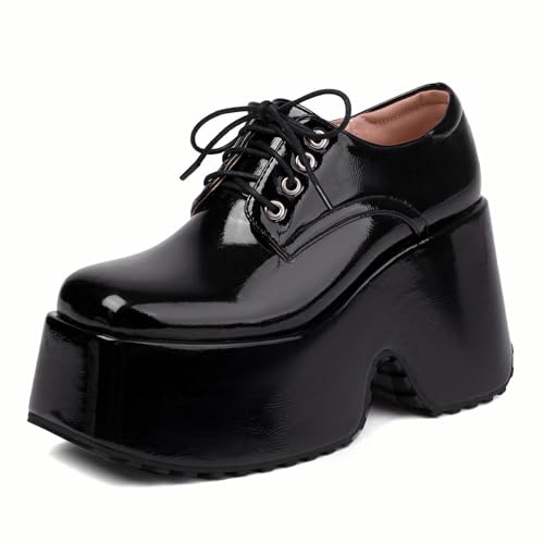 MJIASIAWA Plateau Keilabsatz Damen Lack Schnüren Square Toe Gothic Schuhe Stylish Höhe Ferse Oxford Derby Pumps Schwarz Gr 40.5 EU/42 Asiatisch MJIASIAWA Plateau Keilabsatz Damen Lack Schnüren Square Toe Gothic Schuhe Stylish Höhe Ferse Oxford Derby Pumps Schwarz Gr 40.5 EU/42 Asiatisch von MJIASIAWA