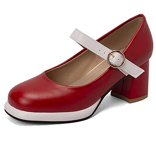 MJIASIAWA Plateau Mary Jane Damen Lovely Blockabsatz Pumps Kleid Komfort Hochzeit Knöchelriemchen Damen Party Schuhe Rot Gr 36.5 EU/37Cn Asiatisch von MJIASIAWA
