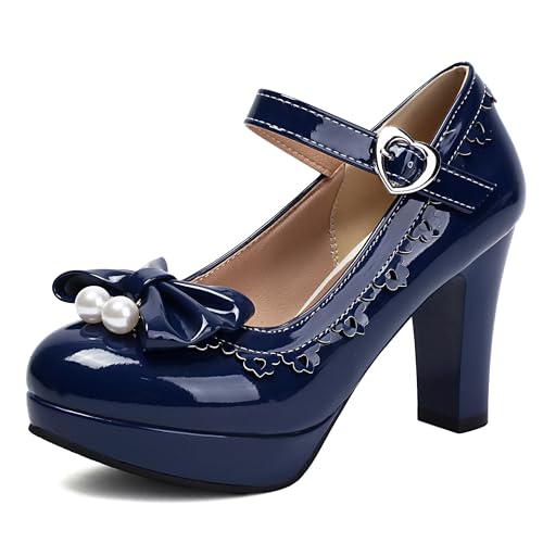 MJIASIAWA Plateau Mary Jane Lack Damen Block Schuhe Pumps Bogen Hochzeit Party Knöchelriemchen Prom Lolita Shoe Blau Gr 40 EU/41 Asiatisch von MJIASIAWA