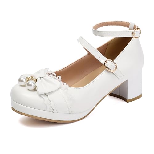 MJIASIAWA Plateau Mitte Blockabsatz Damen Mary Jane Bogen Schuhe Damen Prom Party Knöchelriemchen Lovely Runde Zehen Pumps Weiß Gr 41 EU/43 Asiatisch MJIASIAWA Plateau Mitte Blockabsatz Damen Mary Jane Bogen Schuhe Damen Prom Party Knöchelriemchen Lovely Runde Zehen Pumps Weiß Gr 41 EU/43 Asiatisch von MJIASIAWA