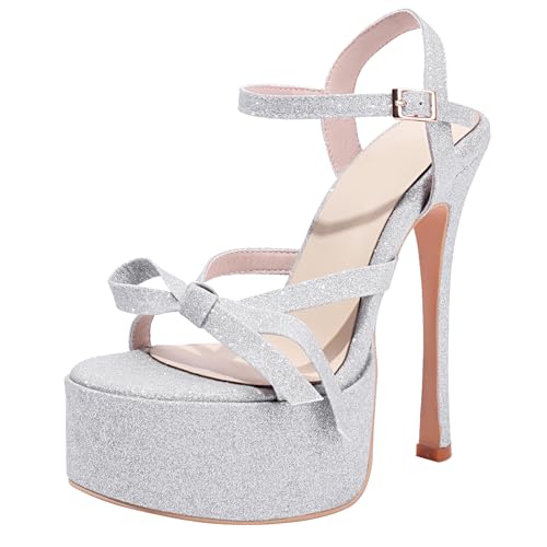 MJIASIAWA Plateau Stiletto High Sandalen Bride Hochzeit Sandals Offene Zeh Damen Elegant Knöchelriemchen Bogen Party Heel Silber Gr 41 EU/43 Asiatisch MJIASIAWA Plateau Stiletto High Sandalen Bride Hochzeit Sandals Offene Zeh Damen Elegant Knöchelriemchen Bogen Party Heel Silber Gr 41 EU/43 Asiatisch von MJIASIAWA