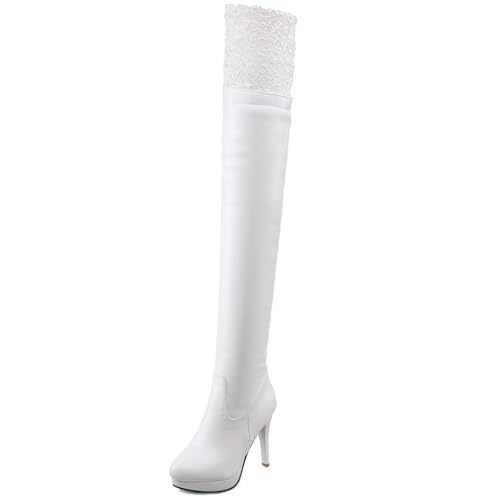MJIASIAWA Plateau Stilettos Damen Overknee Stiefel Winter Hochzeit Elegant Höhe Ferse Ohne Verschluss Warm Long Booty Weiß Gr 40 EU/41 Asiatisch von MJIASIAWA