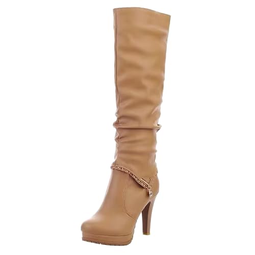 MJIASIAWA Plateau Stilettos Damen Winter Kniehohe Stiefel Runde Zehen Abend Elegant Slouch Warm Booty Zip Aprikose Gr 40 EU/41 Asiatisch von MJIASIAWA