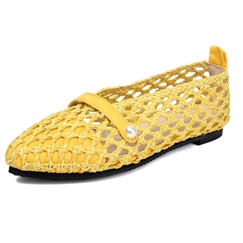 MJIASIAWA Pointed Toe Flach Braid Damen Dolly Schuhe Ohne Verschluss Sommer Strand Flach Schuhe Damen Ballerina Walking Ballet Gelb Gr 38 EU/39 Asiatisch von MJIASIAWA