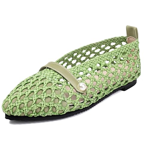 MJIASIAWA Pointed Toe Flach Braid Damen Dolly Schuhe Ohne Verschluss Sommer Strand Flach Schuhe Damen Ballerina Walking Ballet Grün Gr 34 EU von MJIASIAWA
