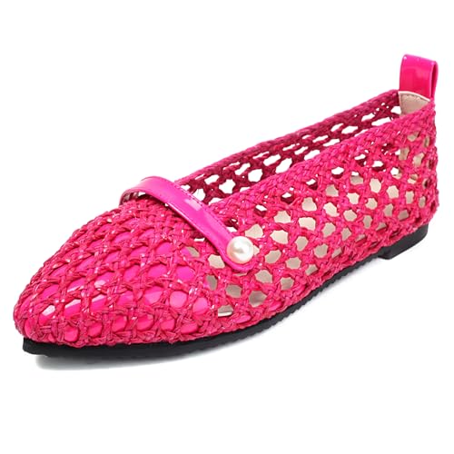 MJIASIAWA Pointed Toe Flach Braid Damen Dolly Schuhe Ohne Verschluss Sommer Strand Flach Schuhe Damen Ballerina Walking Ballet Rose-Rot Gr 45 EU/47 Asiatisch von MJIASIAWA