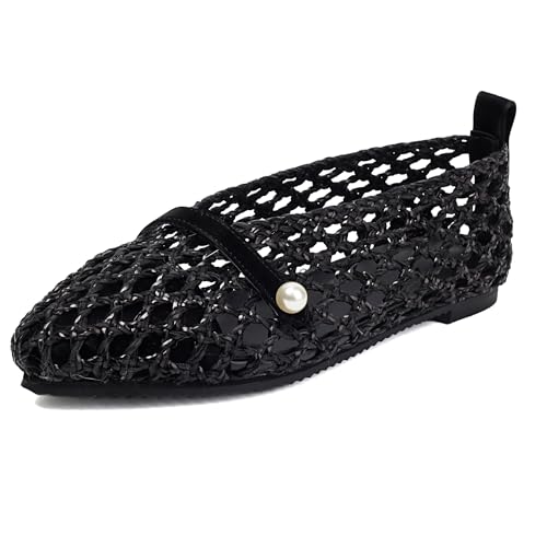 MJIASIAWA Pointed Toe Flach Braid Damen Dolly Schuhe Ohne Verschluss Sommer Strand Flach Schuhe Damen Ballerina Walking Ballet Schwarz Gr 33 EU von MJIASIAWA