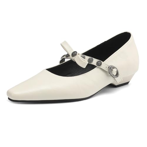 MJIASIAWA Pointed Toe Mary Jane Damen Comfy Low Keilabsatz Pumps Braid Buro Arbeit Knöchelriemchen Bogen Schuhe Beige Gr 39 EU/40 Asiatisch von MJIASIAWA