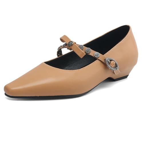 MJIASIAWA Pointed Toe Mary Jane Damen Comfy Low Keilabsatz Pumps Braid Buro Arbeit Knöchelriemchen Bogen Schuhe Khaki Gr 33 EU von MJIASIAWA