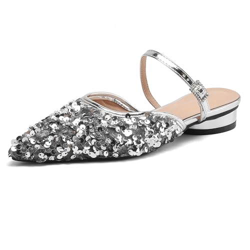 MJIASIAWA Pointed Toe Mule Sandalen Damen Niedrige Absatz Pantoffeln Strand Geschlossen Bride Hochzeit Hausschuhe Pantoffeln Draußen Flip Flops Silber Gr 34 EU von MJIASIAWA