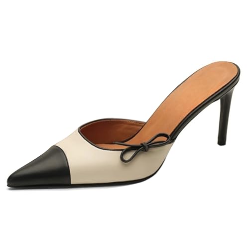 MJIASIAWA Pointed Toe Mule Stilettos Damen Bogen Pantoffeln Hochzeit Hausschuhe Pantoffeln Sandals Elegant Geschlossen Beige Gr 34 EU von MJIASIAWA