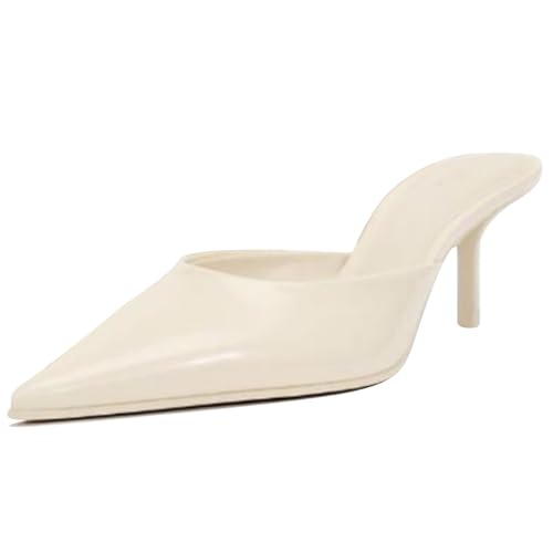 MJIASIAWA Pointed Toe Slipper Damen Stiletto Pantoffeln Sandalen Bogen Hochzeit Ohne Verschluss Bride Closed Toe Mule Lack Party Schuhe Beige Gr 41 EU/43 Asiatisch von MJIASIAWA