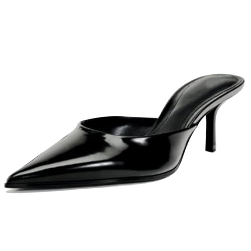 MJIASIAWA Pointed Toe Slipper Damen Stiletto Pantoffeln Sandalen Bogen Hochzeit Ohne Verschluss Bride Closed Toe Mule Lack Party Schuhe Schwarz Gr 41 EU/43 Asiatisch von MJIASIAWA