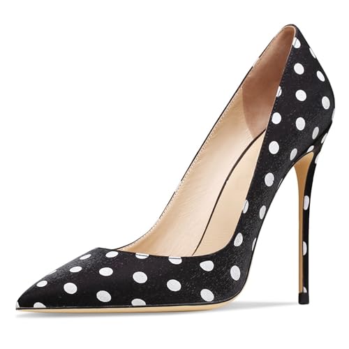 MJIASIAWA Pointed Toe Stilettos Damen Ohne Verschluss Elegant Pumps Polka Dot Hochzeit Party Höhe Ferse Schuhe Schwarz Gr 36 EU von MJIASIAWA