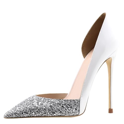 MJIASIAWA Pointed Toe Stilettos Damen Ohne Verschluss Elegant Pumps Polka Dot Hochzeit Party Höhe Ferse Schuhe Weiß Gr 43 EU/45 Asiatisch von MJIASIAWA