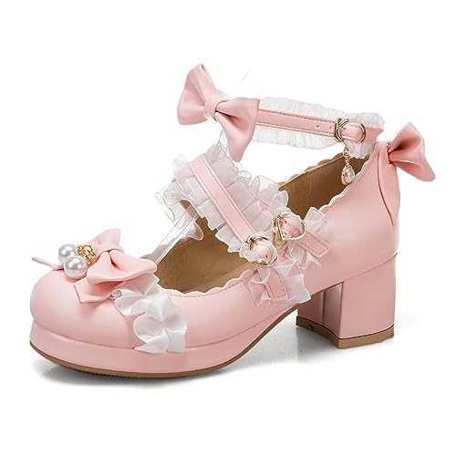 MJIASIAWA Runde Zehen Mary Jane Damen Bogen Knöchelriemchen Party Schuhe Block Mitte Absatz Comfy Plateau Hochzeit Pumps Ruffles Lolita Pink Gr 44 EU/46Cn Asiatisch von MJIASIAWA