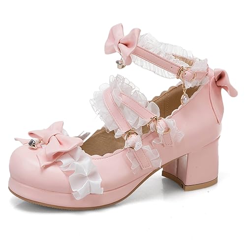 MJIASIAWA Runde Zehen Mary Jane Damen Bogen Knöchelriemchen Party Schuhe Block Mitte Absatz Comfy Plateau Hochzeit Pumps Ruffles Lolita Pink Gr 46 EU/48Cn Asiatisch von MJIASIAWA